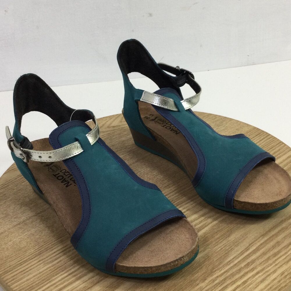Naot Womens Fiona Wedge Sandals Ankle Straps Teal Oily Blue Nubuck Size L5 NWT